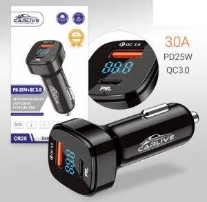28 АЗУ USB на 2 гнезда " CR 28 CarLive QS3.0 18W /PD 25W с ДИСПЛЕЕМ - вольтметр Usb + TypeC " ( 3,4 A держит , быстрая есть ) 